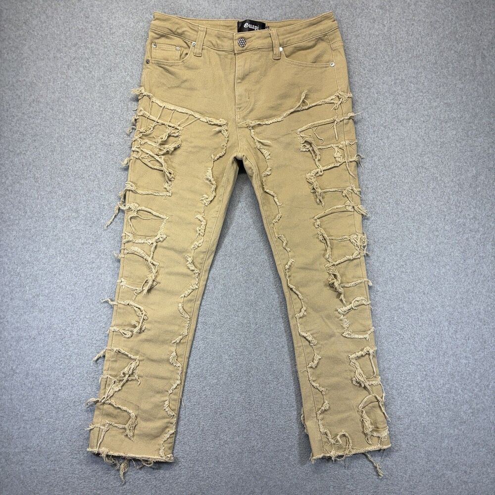 Guapi Jeans Men’s 34 Beige Distressed Open Hem Streetwear Designer Denim